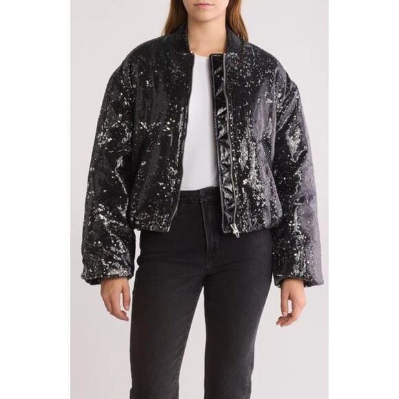 Blank Nyc Jacket Sequin Full Zip Bomber Puffer Women's Size Medium Black Silver